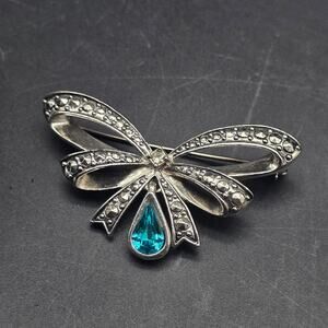Avon Faux Marcasite Bow Brooch Blue Rhinestone Charm Vintage Jewelry